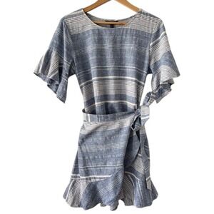 Linen Blend Faux Wrap Large Mini Dress Blue White Stripe Flutter Sleeve Womens